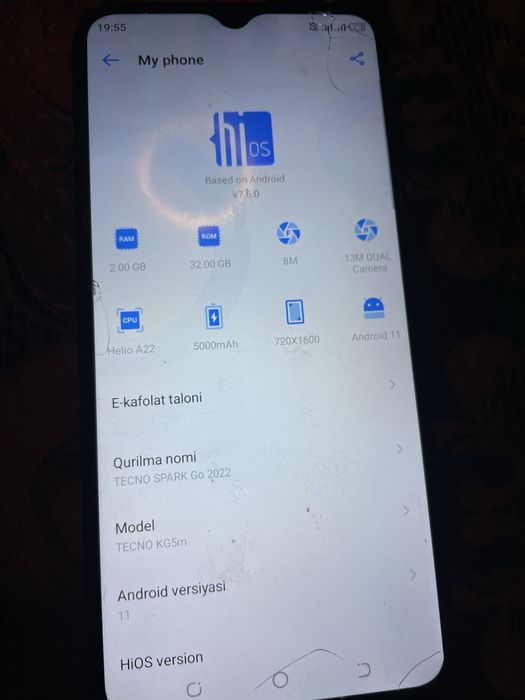 Tecno spark go2022 arginal telifon