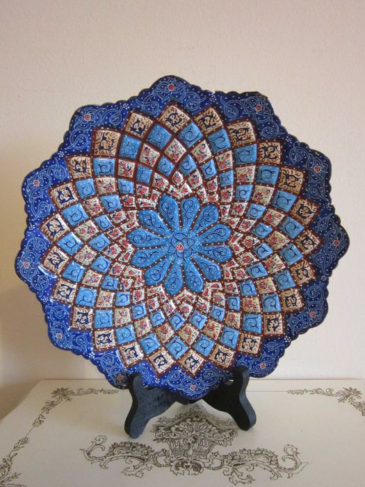 cadou rar farfurie Persian Meenakari handmade Iran 1980 metalica