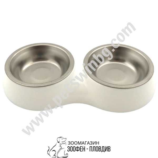 Двойна Пластмасова Купа с Две Купи Инокс - за Куче/Коте - Бял цвят