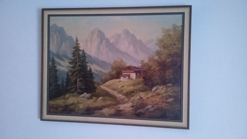 Cabana la munte 1975, Tablou superb, semnat, pictat in ulei pe panza