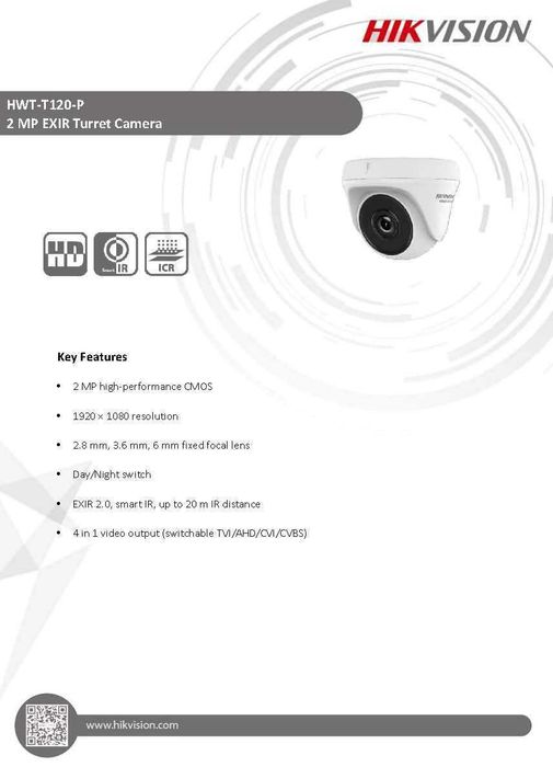 HikVision HWT-T120-P 2MPx Full HD HDTVI AHD HDCVI EXIR Камера 103° Видимост 4в1 HD-TVI HD-CVI CVBS Със Собствен Бутон Превключвател на Видео Режимите
