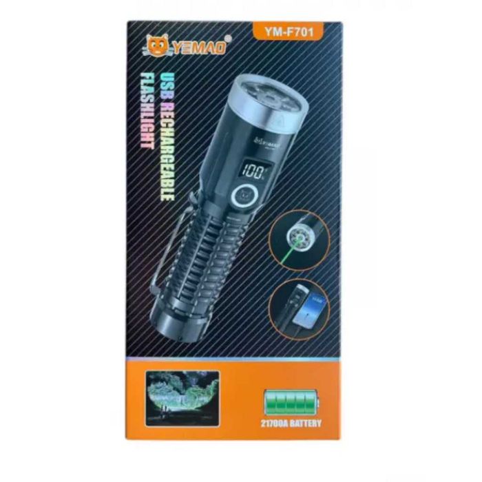LED фенер YEMAO YM-F701 със зелен лазер - USB и дисплей