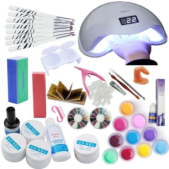Kit unghii 12 gel color set manichiura lampa UV led 48w 7 pensule