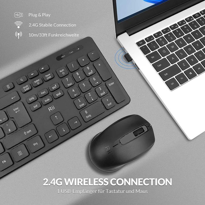 Set tastatura si mouse wireless, Rii, Negru, QWERTZ, Livrare Gratuita