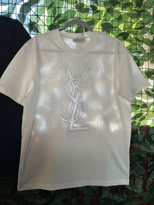 Tricou  Saint Laurent alb cu cristale – Premium s-xxl
