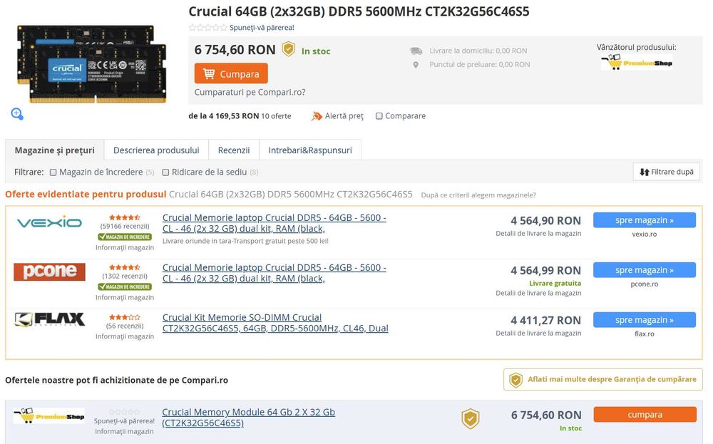 Memorii Laptop RAM 64GB (2x32) Dual Channel DDR5 5600 CL46 NOI