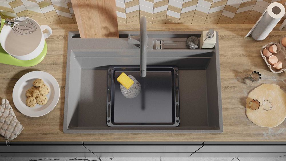 Сива кухненска мивка от гранит Осло 80 Премиум 780 x 530 мм