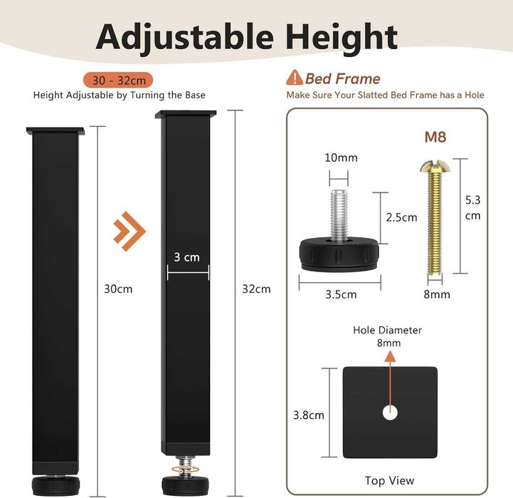 Set 4 picioare metalice reglabile pentru pat, cu protectii antiderapante, 30-32 cm