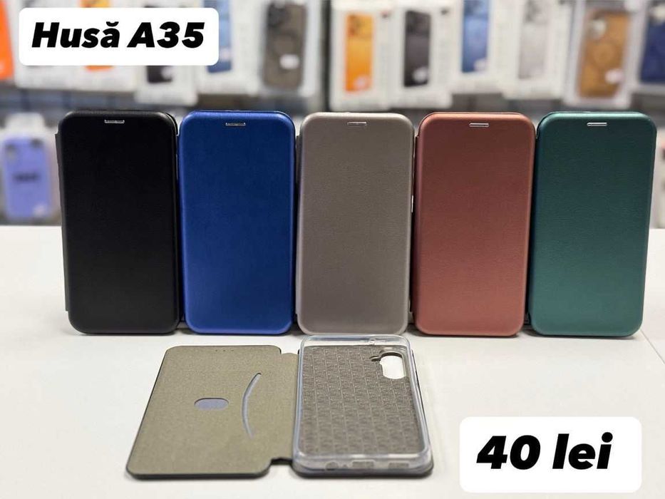 Husa piele ecologica tip carte, folie, cablu, încărcător pentru Samsung A35 5G