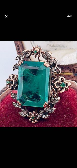 Inel aur roz 9ct cu smarald si diamante