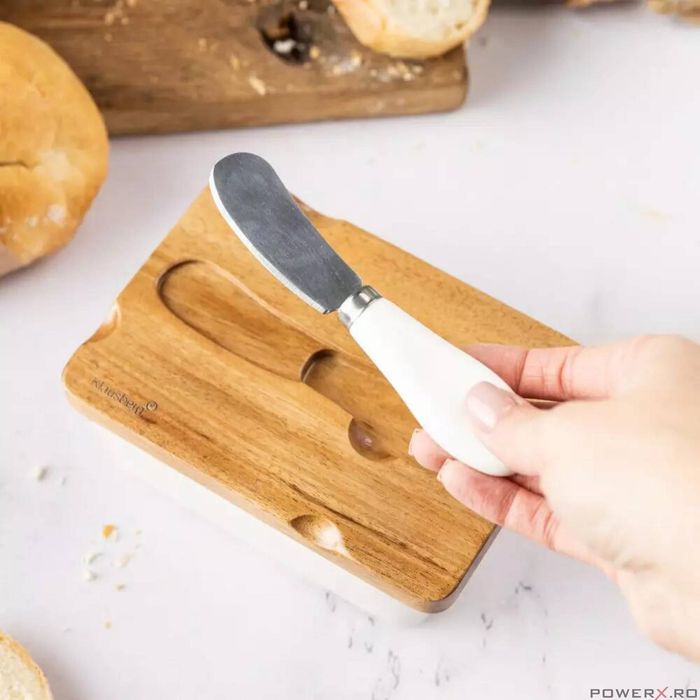 Untiera din ceramica, alba, cu capac din lemn de salcam si cutit,