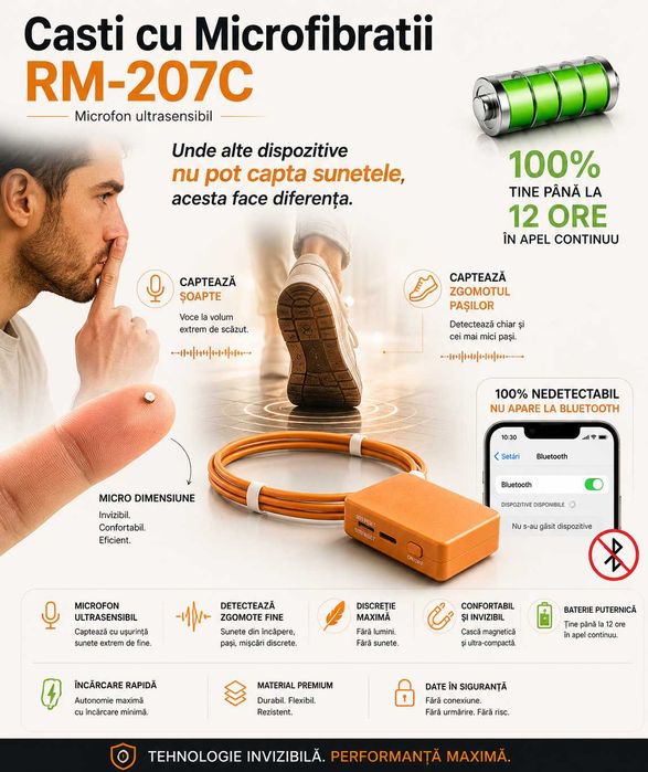 RM-207C - Casca de copiat Microvibratii | Casti de copiat tip Magnet | Super Slim | Autonomie 12h