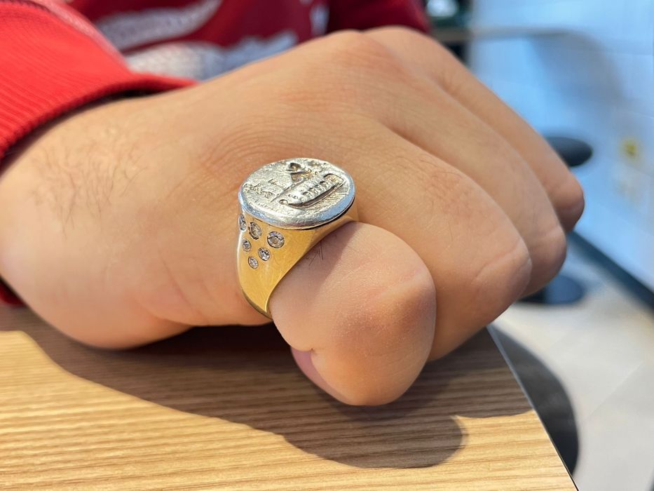 Inel aur 14 k cu diamante naturale 0,5 kt si moneda Grecia antica