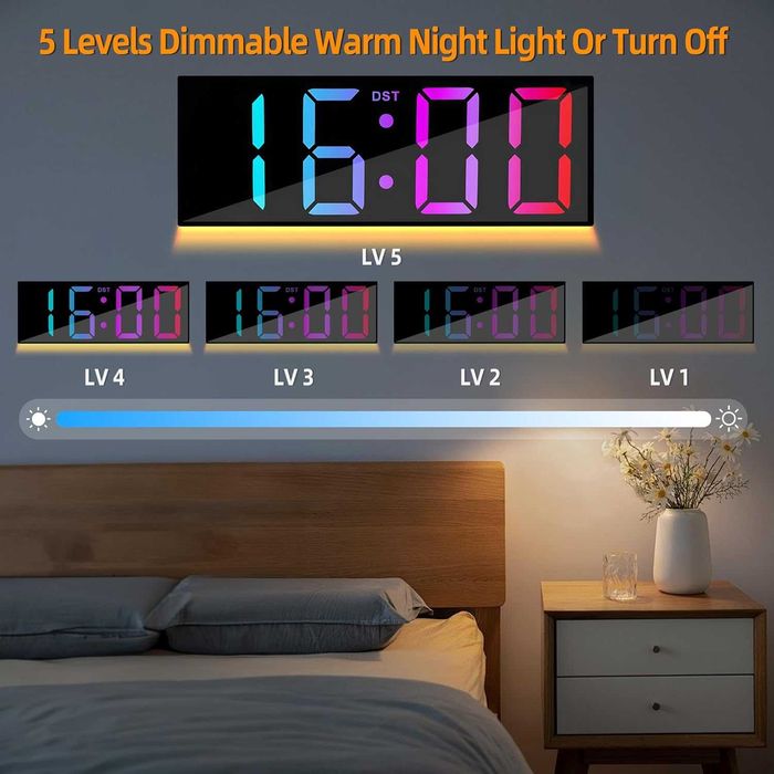 Дигитален Стенен Часовник 12" RGB LED с Дистанционно, Дата и Будилник