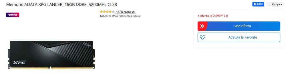 16GB, DDR5, 5200MHz, CL38,  ADATA XPG Lancer Black Edition