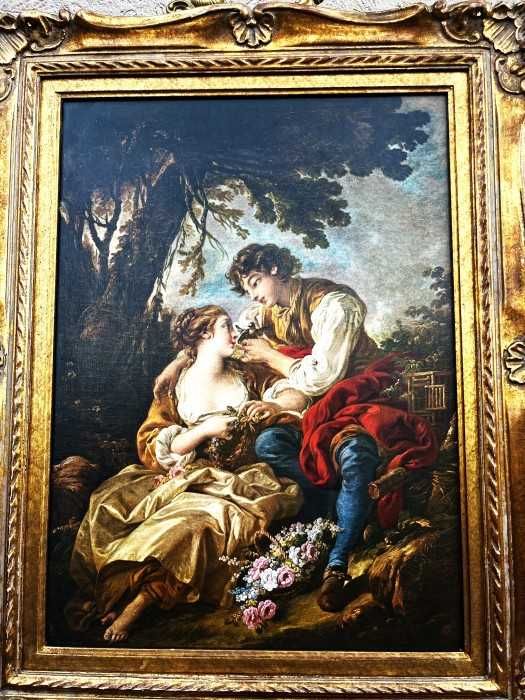 Elegant tablou stil rococo-Idila pastorala-rama baroc din lemn-Franta