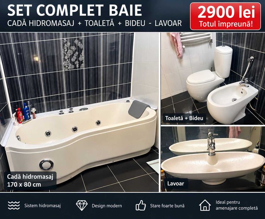 Set complet baie: cadă hidromasaj + WC + bideu + lavoar