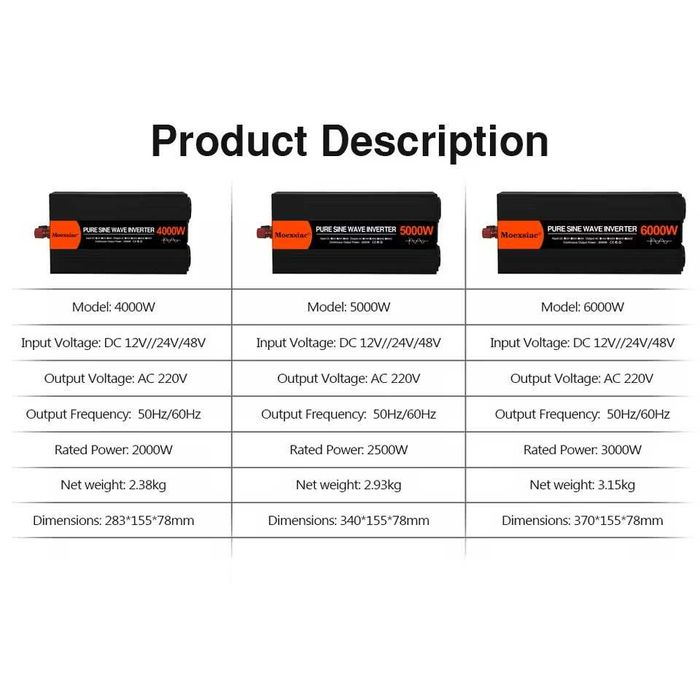 Invertor auto Moexiac  2000W, varf 4000W  12V sau 24V, unda pura, LCD