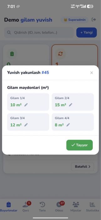 Gilam yuvish ilovasi / Приложение для службы чистки ковров