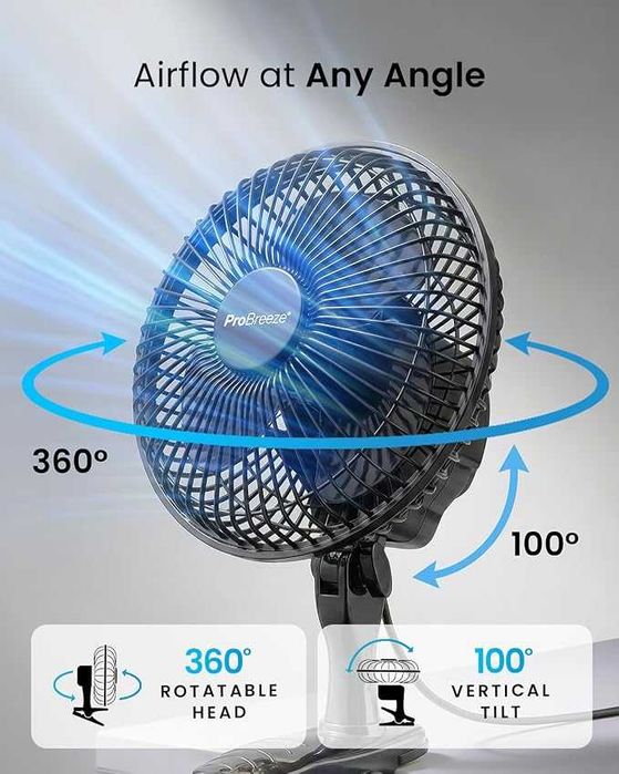 Pro Breeze PowerCool 360 – 6" тих вентилатор с щипка, 2 скорости и 360° регулиране