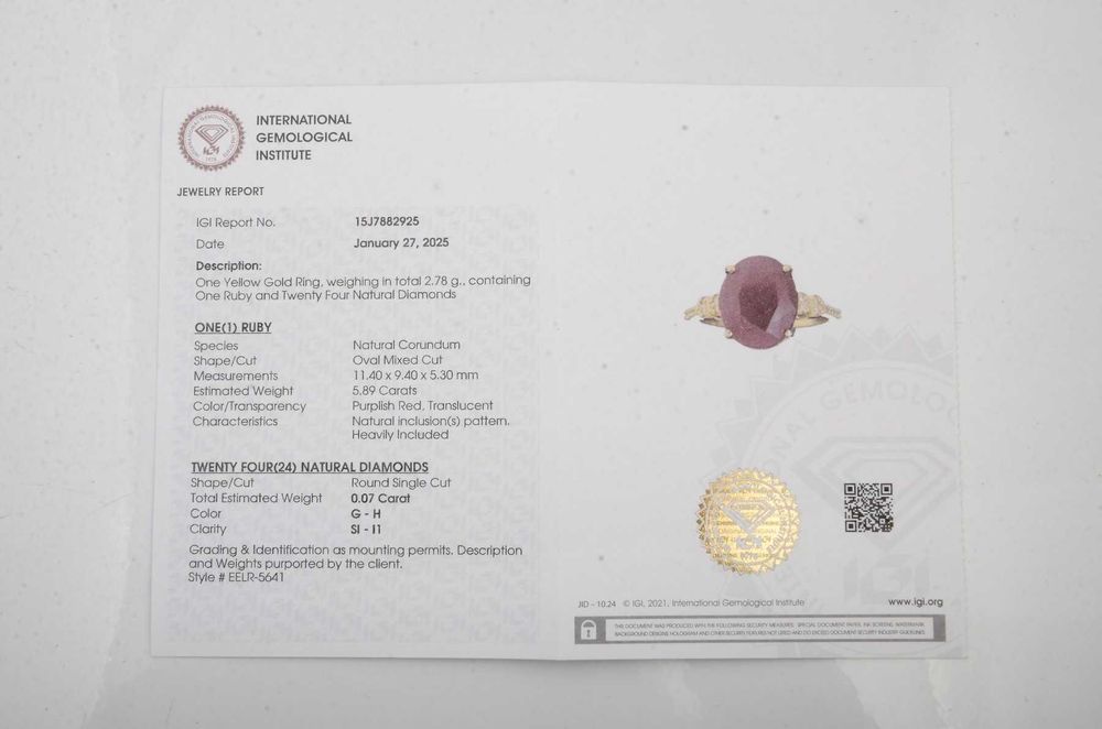 Inel cu rubin natural 5.89ct și diamante–Aur galben 14K–Certificat IGI
