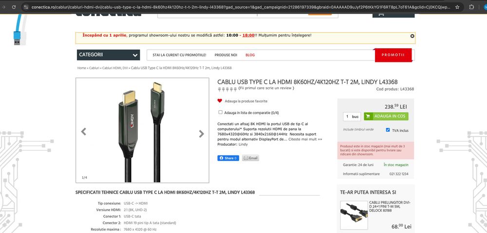 Cablu USB C la HDMI 8K60Hz, Lindy