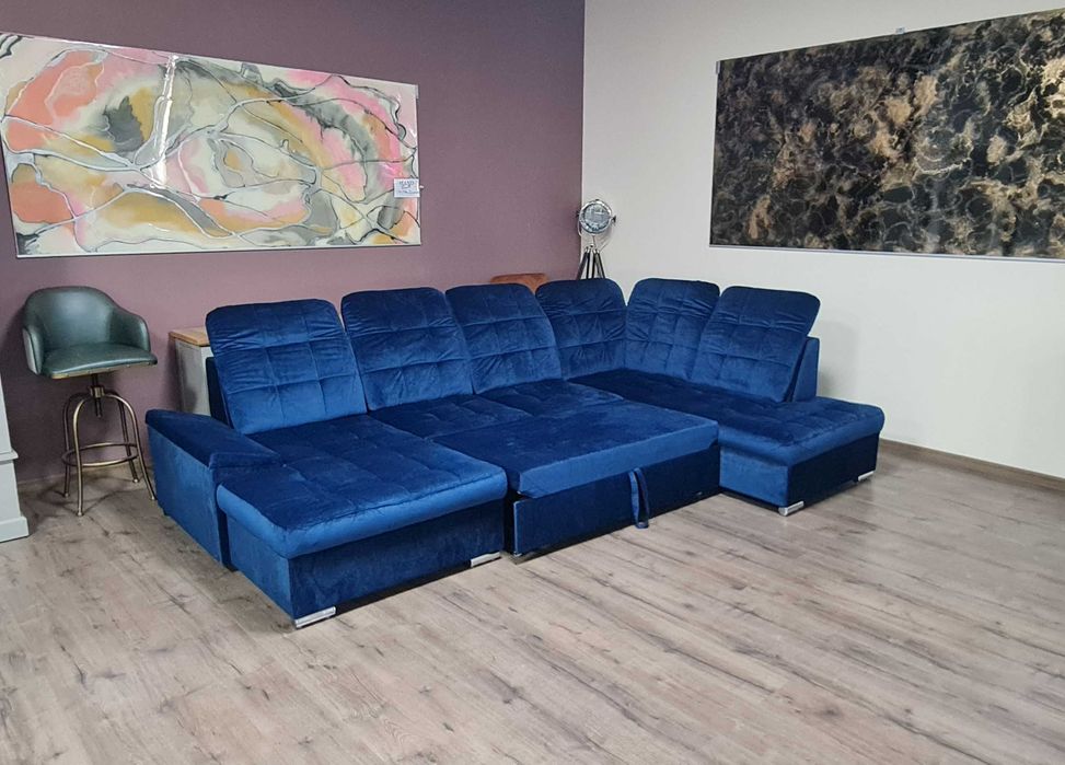 Син П образен ъглов диван от плат Nigrum с функция сън