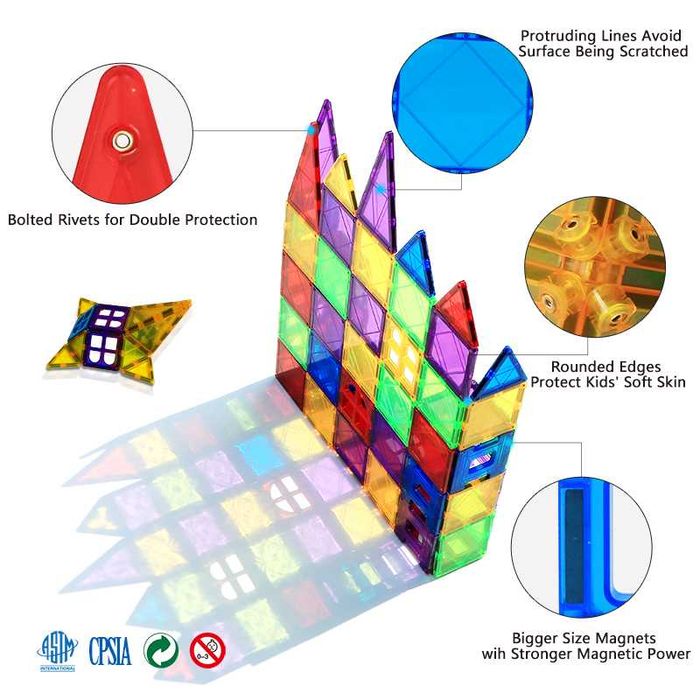 Set de Constructie Magnetic Tiles 3D, jucarii educationale, 60 Piese