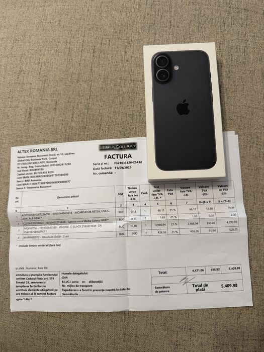 iphone 17 black 256gb, nou, sigilat, cu factura/garantie 2 ani