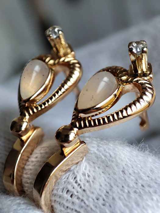 Cercei Aur 14K Rusia Rusesti Cu Quart Roz Natural Si Cristal Stanca