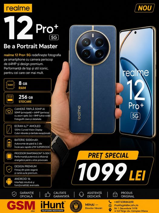 Realme 12 Pro Plus, 8/256 GB, Nou, Garanție