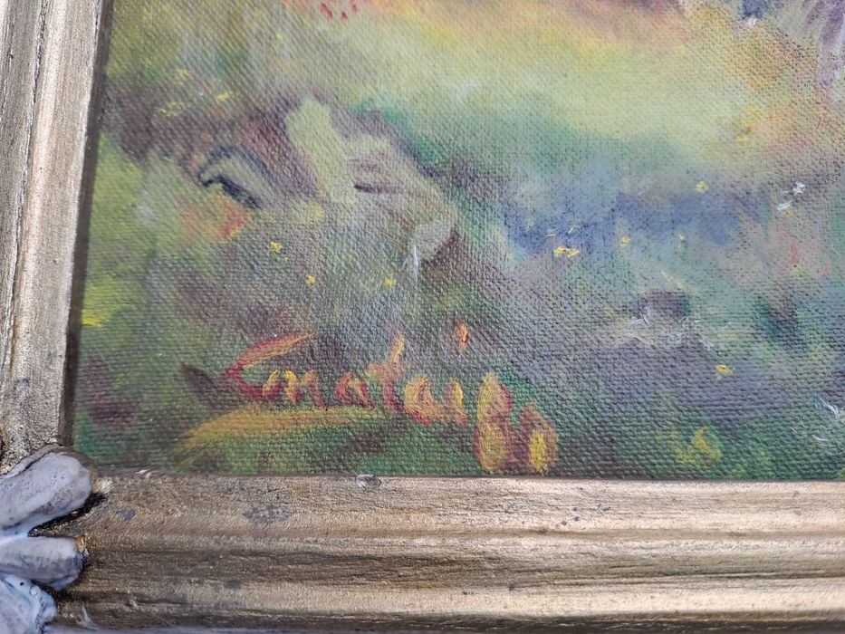 tablou romanesc pictura pe panza 53/43 cm semnat datat 1980