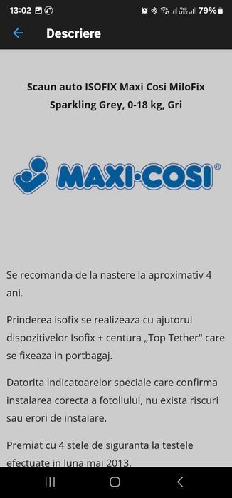 Scaun auto ISOFIX Maxi Cosi MiloFix Sparkling Grey, 0-18 kg, Gri