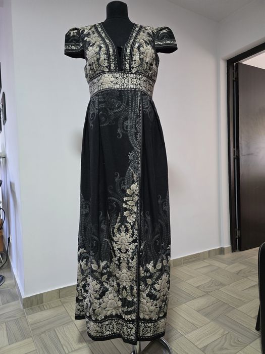 Rochie maxi din in si bumbac, model cu imprimeu  lotus înghețat