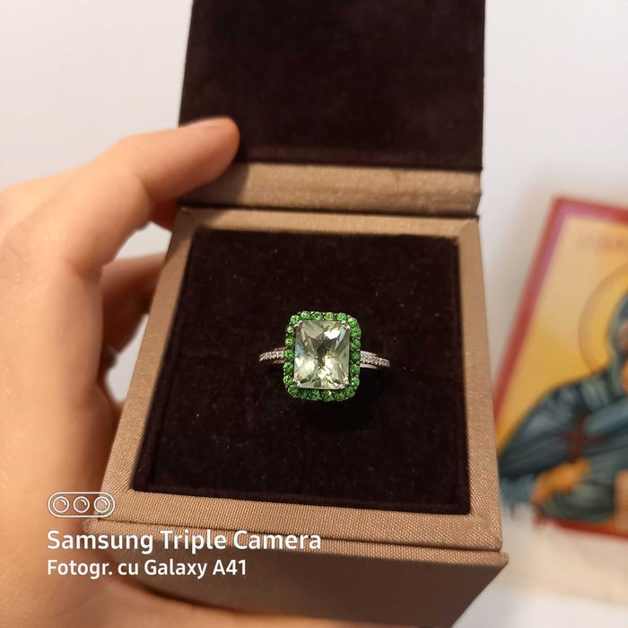 Inel cu diamnate, ametist verde si pietre granat