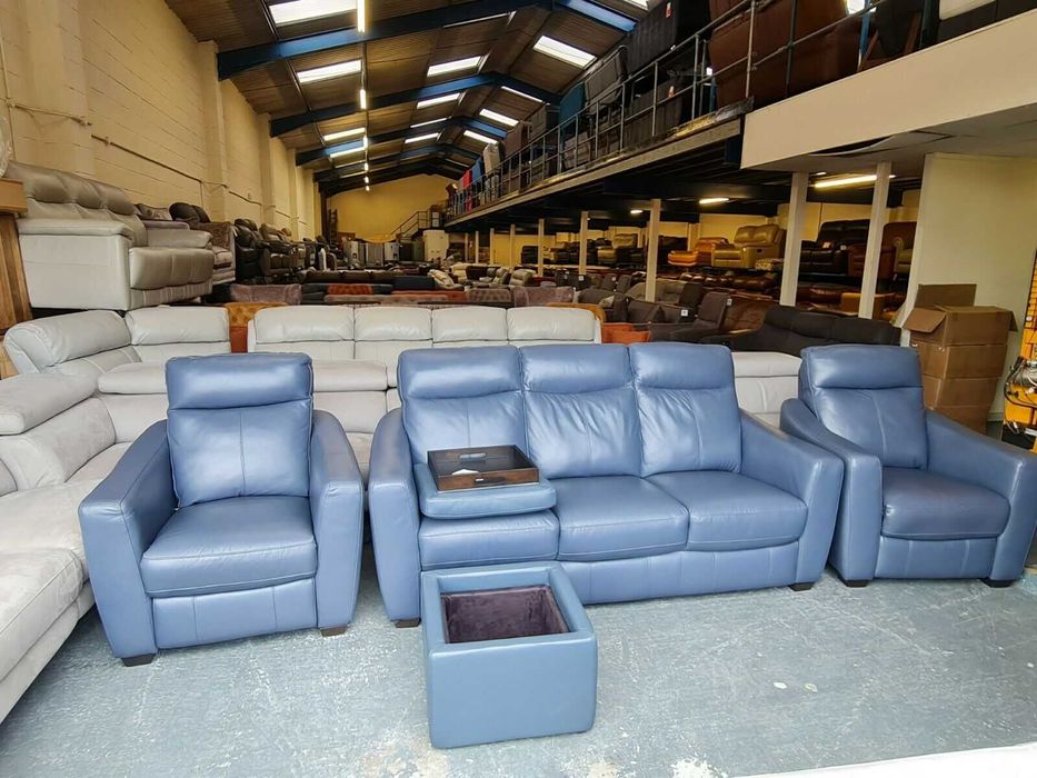 Син кожен диван тройка, два фотьойла и табуретка с ел.релакс