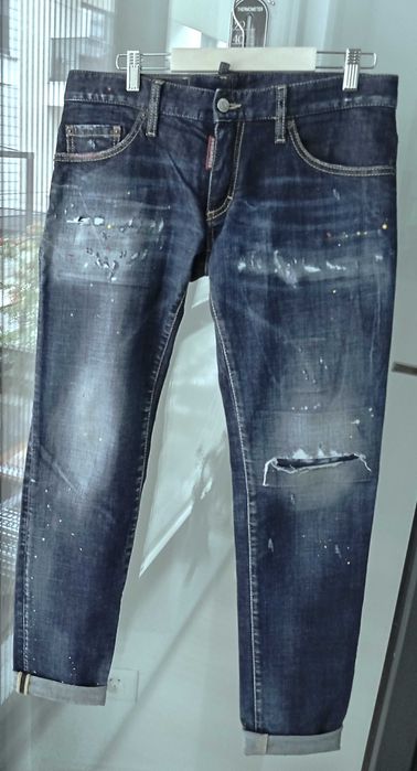 DSQUARED2 Blugi bleumarin cu pete & rupturi de design si mansete suflecate