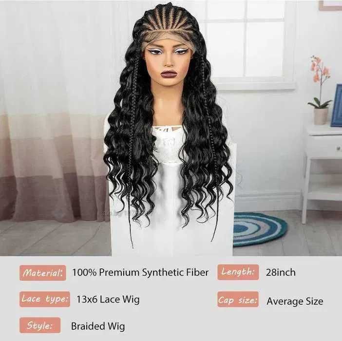 Екзотична черна синтетична перука с пълзящи плитки - Lace Front 13x6