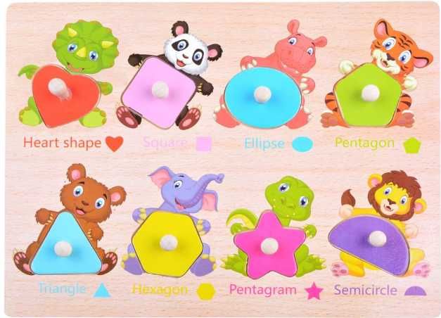 Puzzle educational din lemn cu animale si forme geometrice