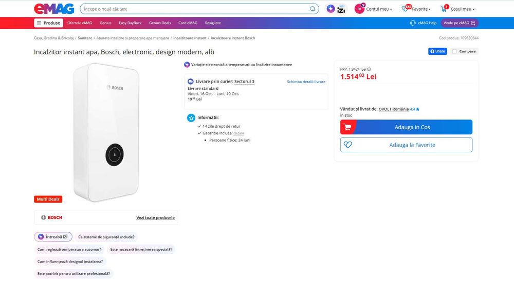 REDUS pana la 40%, BOSCH Boiler instant electric de Apa calda, Consum Clasa A, putere de la 15 la 24 KW , 230 V si 400 V