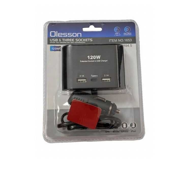 Разклонител за запалка Olesson 3-ка + 2 USB + C-Type 1653
