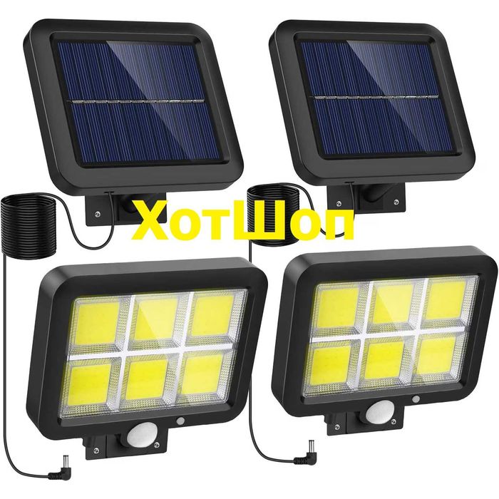 Комплект от 2 слънчеви лампи със соларен панел Nevermore, 30W, 120 COB LED, Сензор за движение и дистанционно управление, 5 м кабел, Водоустойчиви
