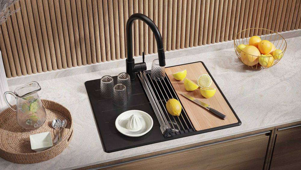 Черна кухненска мивка от гранит Копенхаген 620х500 + Смесител Top 45