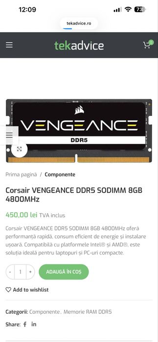 Ram Corsair  Vengeance SODIUMM 8GB DDR5 4800Mhz (sigilat)