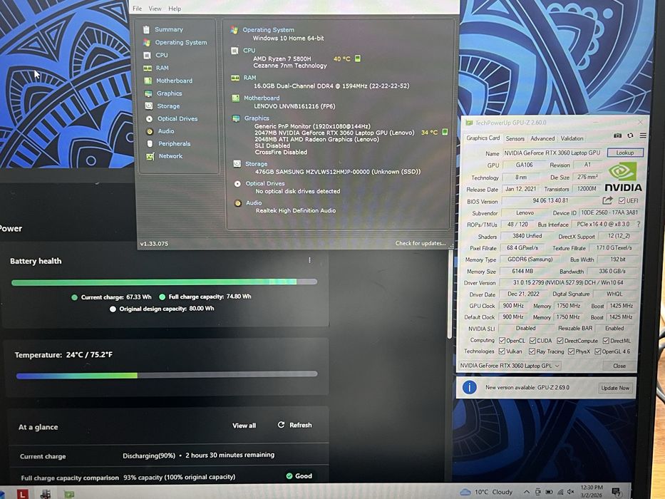 Laptop gaming Lenovo legion 5 17ACH6h Ryzen 7 5800H RTX3060 16Gb ram