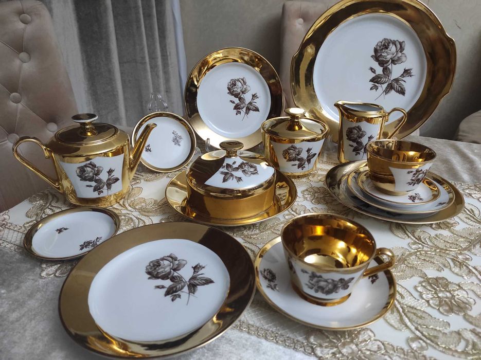 Роза чайный сервиз ГДР 1960г много золота
