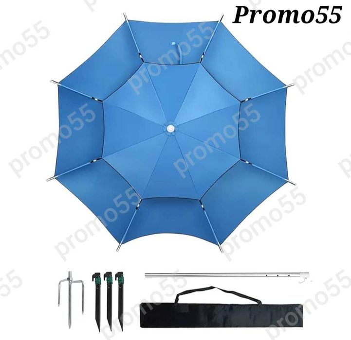 Плажен Чадър 220см. УВ, Чупещо Рамо, Двоен Покрив Стабилност при Вятър