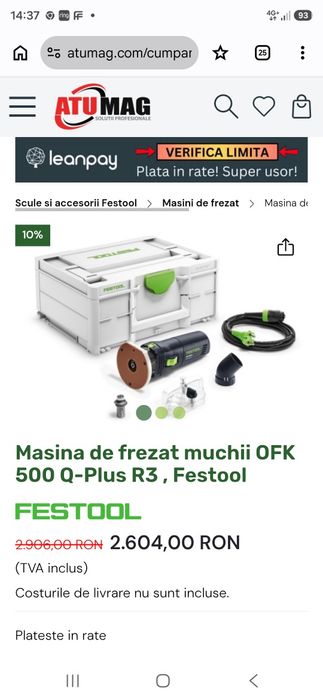 Festool OFK 500 Q-Plus R3 - Masina de frezat muchii  450 W, - +4x Freze Profi