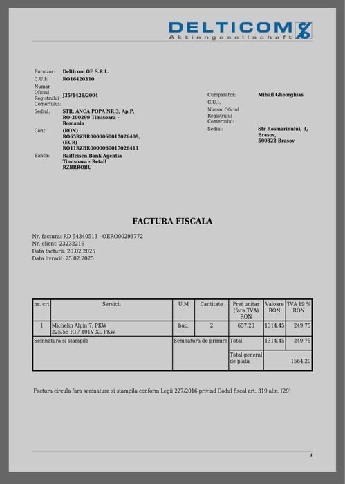 Anvelope iarna 225.55.17’ Michelin Alpin 7 ca noi/factura