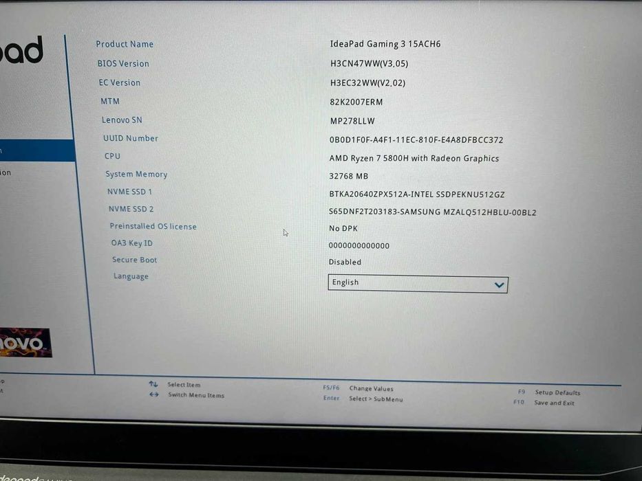 Laptop gaming Lenovo AMD Ryzen7 5800H 32gb ram 2xNVME 512 RTX 3050 4gb